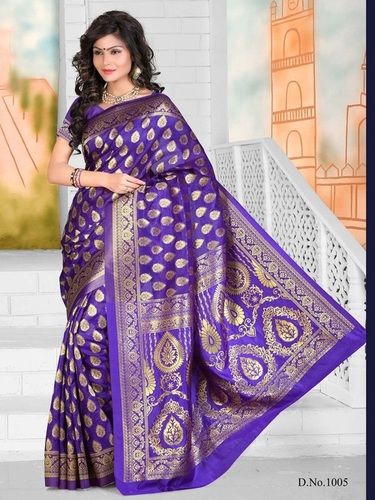 Designer Stylish Latest Exclusive Violet Bangalori Silk Saree - Fabric: Bangalori & Art Silk, Size: 5.50m Saree, 0.75m Blouse | Color: Purple & Golden, Pattern: Hand Print, Style: Banarsi