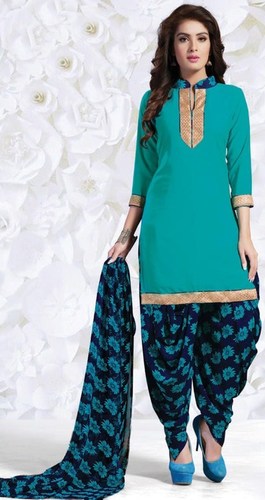 Blue Synthetic Printed Patiala Salwar Suit - Synthetic Top & Bottom Chiffon Dupatta | Printed Pattern Lace Work Comfortable Fit