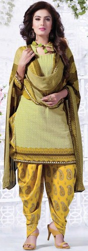 Yellow Synthetic Printed With Lace Work Patiala Salwar Suit