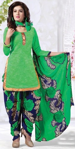 Green Synthetic Printed With Lace Work Patiala Salwar Suit