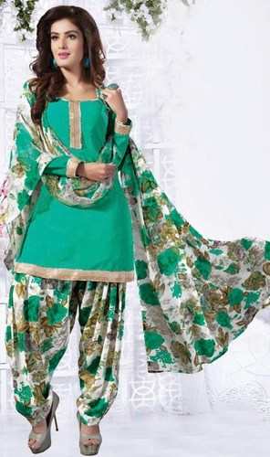 Green Synthetic Printed With Lace Work Patiala Salwar Suit