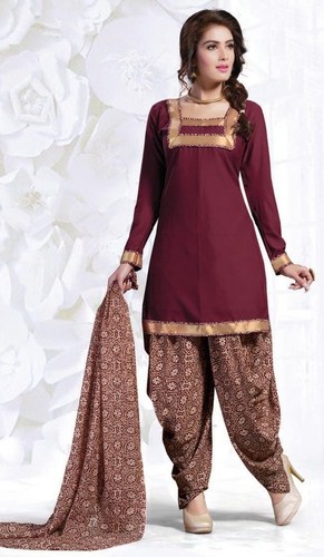 Maroon Synthetic Patiala Salwar Suit - Top 2.2m Bottom 2m Chiffon Dupatta 2.25m | Printed Fabric Lace Work Comfortable Fit