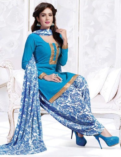 Blue Synthetic Printed With Lace Work Patiala Salwar Suit - Synthetic Fabric, XL Size, 2.2m Top, 2m Bottom, 2.25m Chiffon Dupatta | Stylish, Soft, Easy Care, Versatile, Comfortable