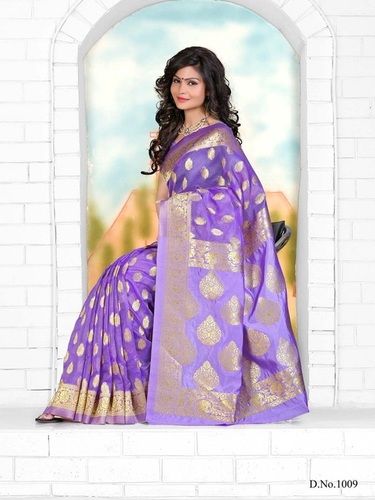 Designer Stylish Latest Exclusive Violet Bangalori Silk Saree - Material: Bangalori & Art Silk, Size: 5.50m, Blouse: 0.75m | Features: Hand Print, Banarsi Style, Suitable for All Seasons