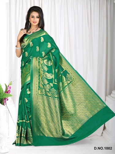 Designer Stylish Latest Exclusive Green Bangalori Silk Saree - Bangalori Silk Material, 5.50 Meter Saree & 0.75 Meter Blouse Size, Hand Print Pattern, Patch Border Work | Ideal for Party Wear, Suitable for All Seasons