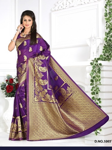 Designer Exclusive Bangalori Silk Saree - 5.50 Meter Violet with Golden Patch Border Work | Hand Printed, Unstitched for Party Wear, Ideal for All Seasons