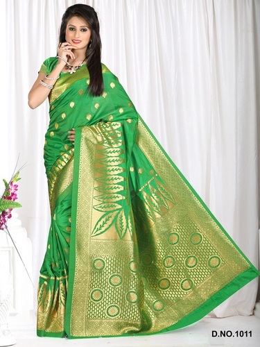 Designer Stylish Latest Exclusive Green Bangalori Silk Saree - Bangalori Silk & Art Silk, 5.5 Meter Saree, 0.75 Meter Blouse | Hand Print Pattern, Party Wear, Dry Clean Only