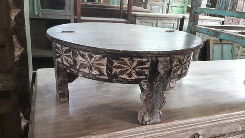 Indian Ottoman Box (Chaki) - Wood, 50x50x22 cm, Brown, Round | Hand-Carved, Storage, Seating, Durable, Versatile