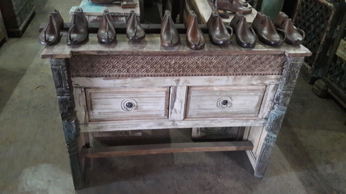 Wooden Carving Console Table - Sheesham Wood, 122x39x90 cm, Whitewash Finish | Hand Carved, Two Panel Drawers, Rustic Style