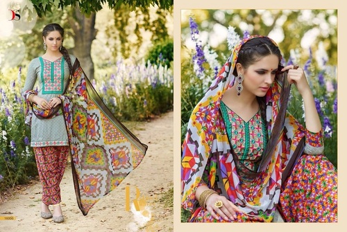 Designer Latest Exclusive Stylish Cambric Print Salwar Suit - Semi Stitch, Multi Color, Self Embroidery | Full Sleeve, Party Wear, Dry Clean Only