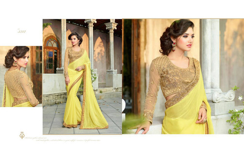 Qualified Yellow Marble Chiffon Designer Saree