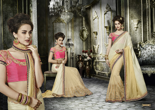 Miraculous Patch Border Work Beige and Off White Jute Silk Designer Saree