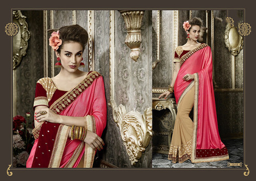 Gorgonize Hot Pink Embroidered Work Crepe Silk Designer Saree