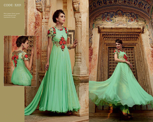 Exciting Sea Green Resham Work Net Designer Suit