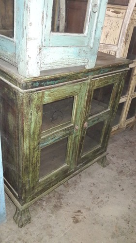 Small Glass Almirah - Wooden, 91x43x91 cm, Dark Green | Four Glass Panels, Designed Legs, Antique Style