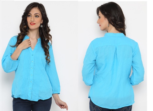 Bedazzle Casual 3/4 Sleeve Printed Women's Blue Top - Cotton, S-XL | Comfortable Fit, V-Neck, Stylish Design