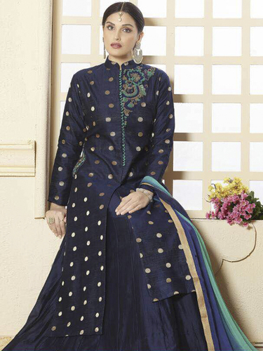 Safari Salwar Suit - Glace Cotton Top with Embroidery Lawn Cotton Bottom Banglori Skirt Nazneen Dupatta with Lace Border Full Sleeve Design Customizable Size Breathable & Anti-Wrinkle Features