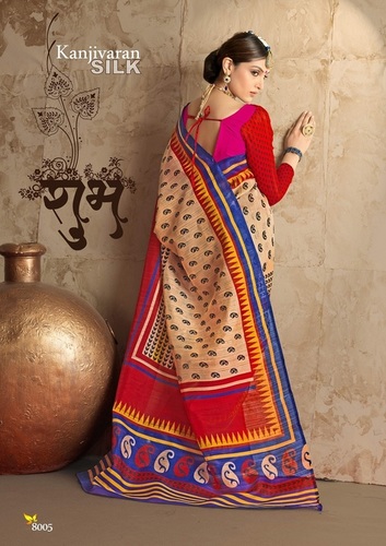 Fancy Latest Traditional Designer Printed Chapa Silk Saree - Chapa Silk Build, 5.70 Meter Saree + 0.75 Meter Blouse, Red and Beige Color | Unstitch, Regular Wear, Dry Clean Recommended