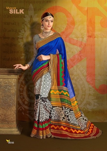 Fancy Designer Printed Chapa Silk Saree - 5.70 Meter Length, Blue and Black Colors | Perfect for All Seasons, Elegant Patch Border Work