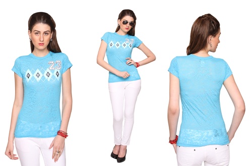 Bedazzle Geometric Print Women's Round Neck Blue T-Shirt