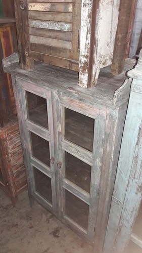 Glass Almirah - Wood & Glass, 68x39x121 Cm, Grayish-Green, 3 Glass Panels, Traditional Design