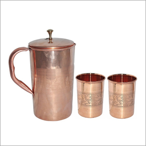 Pure Copper Embossed Finish Jug With Glass