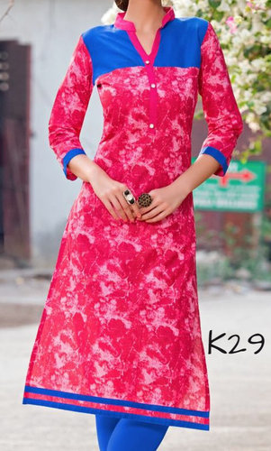 Cotton Short Kurti - Cotton, Various Sizes, Pink | Comfortable, Stylish, Breathable, Printed, V-Neck, 3/4 Sleeves