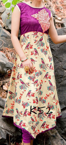 Cotton Long Kurti - Cotton, Multiple Sizes, Purple | Comfortable, Stylish Printed Design, Round Neck, Cap Sleeves, Elegant Fit