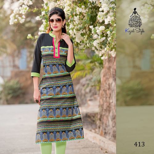 Latest Designer Cotton Kurtis - Cotton, Multiple Sizes, Black | Comfortable Fit, Durable Fabric, Elegant Look, Trendy Style, Knee-Length, V-Neck, Soft Cotton, Three-Quarter Sleeve