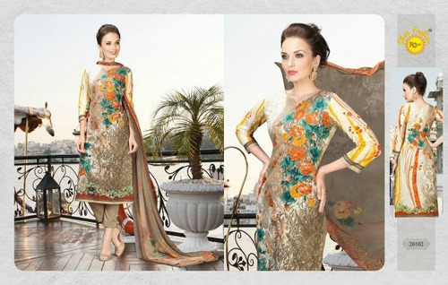 Zeenath Cotton Printed Suit - Cotton Bottom, Chiffon Dupatta, Beige | Elegant Printed Design, Comfortable Wear