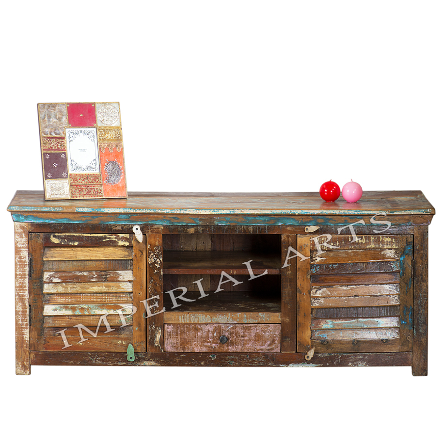 Antique Recycled Wood TV Cabinet - 150x45x70 cm, Brown | Rustic Charm, Ample Storage, Distressed Finish
