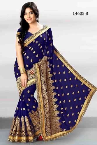 Georgette Saree - 5.5 Meters, Blue with Gold Intricate Embroidery | Elegant Drape, Luxurious Feel, Stylish Look, Party Wear