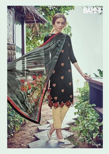 Black Colour Fancy Suits - Faux Georgette Top, Santoon Bottom, Semi-Stitch, Unstitched | Work Embroidery, Elegant Design, Party Wear