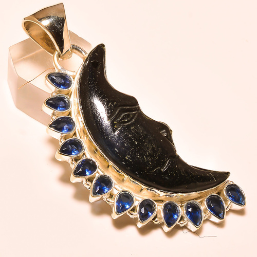 BLACK ONYX MOON FACE , BLUE SAPPHIRE