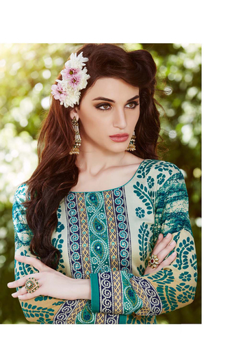 Party Wear Salwar Kameez - Glace Cotton Top, Cotton Bottom, Teal, Chiffon Dupatta | Floral Print, Mirror Work, Lacy Fabric