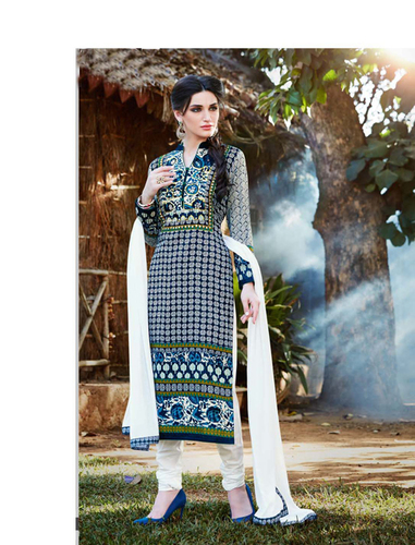 Salwar Kameez - Glace Cotton Top, Cotton Bottom, Blue, Chiffon Dupatta | Floral Prints, Mirror Work, Lace Border, Elegant Design