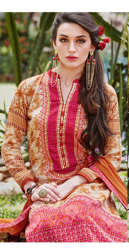 Embroidery Salwar Kameez - Glace Cotton Top, Cotton Bottom, Chiffon Dupatta | Mirror Work, Printed Neck, Vibrant Colors
