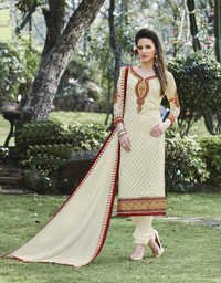 Bridal Salwar Kameez - Georgette Brasso Top, Shantoon Bottom, Cream, Chiffon Dupatta, Embroidered Festive Wear