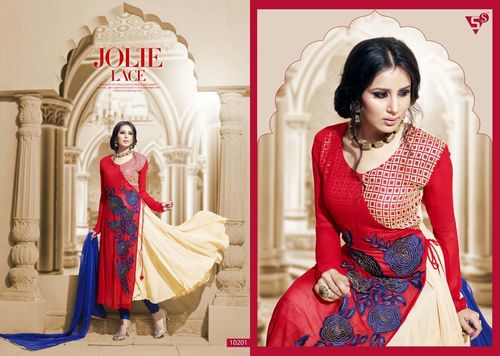 Bing Beauty Georgette Embroidery Suit - Pure Georgette Top, Santoon Inner & Bottom 3m, Red, Chiffon Dupatta with Border, Elegant Design