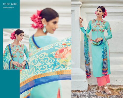 Thrilling Digital Print Work Turquoise Designer Suit