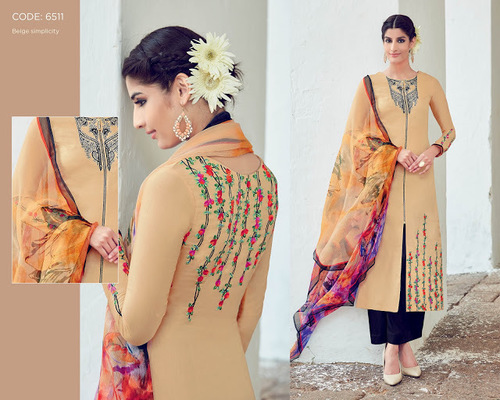 Peach Cotton Satin Designer Suit - Digital Print, Embroidery, 3-Piece Set, Matching Bottom & Dupatta