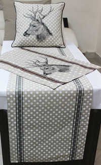 Linen Table Runner - Cotton Linen Material, Customizable Size, Beige Color | Durable, Elegant Design With Deer And Polka Dot Patterns, Matching Cushions