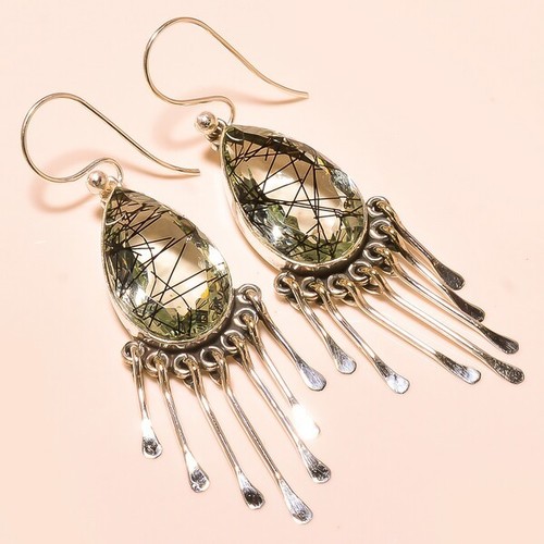 RUTILATED QUARTZ VINTAGE STYLE - 925 Sterling Silver, Natural Stone, Elegant Design Earring