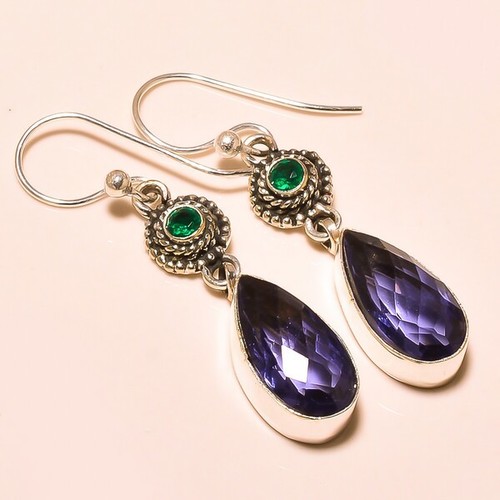 IOLITE, Chrome Diopside Vintage Style - 925 Sterling Silver Pear Drop Earrings, Elegant Natural Stones