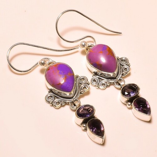 Copper Purple Turquoise Amethyst Vintage Style - 925 Sterling Silver, Drop Earrings, Natural Stones, Elegant Design
