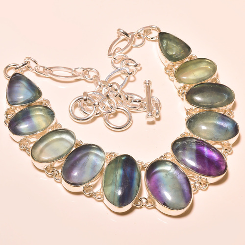 Multi Fluorite Necklace - 925 Sterling Silver, 18 Inches, Oval Bezel Set, Lobster Clasp, Natural Stones, Elegant Design