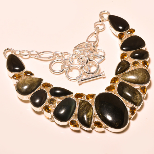 Golden Obsidian, Smokey Topaz - 925 Sterling Silver 18" Necklace, Lobster Clasp, Elegant Design