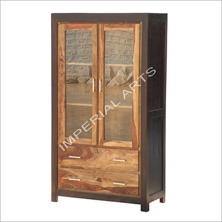 Sheesham Black And Natural Finish Wood Glass Cabinet With Drawer