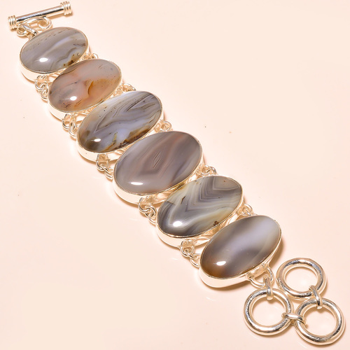 DESIGNER Botswana Agate Bracelet - 925 Sterling Silver, 7-8 Inch, Oval Natural Stones, Toggle Clasp