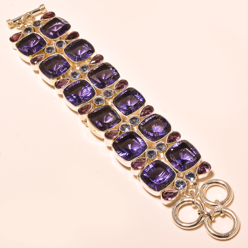Iolite, Amethyst - 7-8 Inch 925 Sterling Silver Bracelet, Lobster Clasp, Natural Gemstones